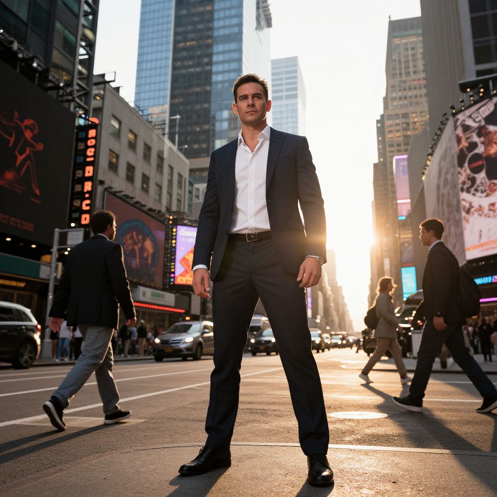 Confident Man in Suit Standing on Busy City Street at Sunset
