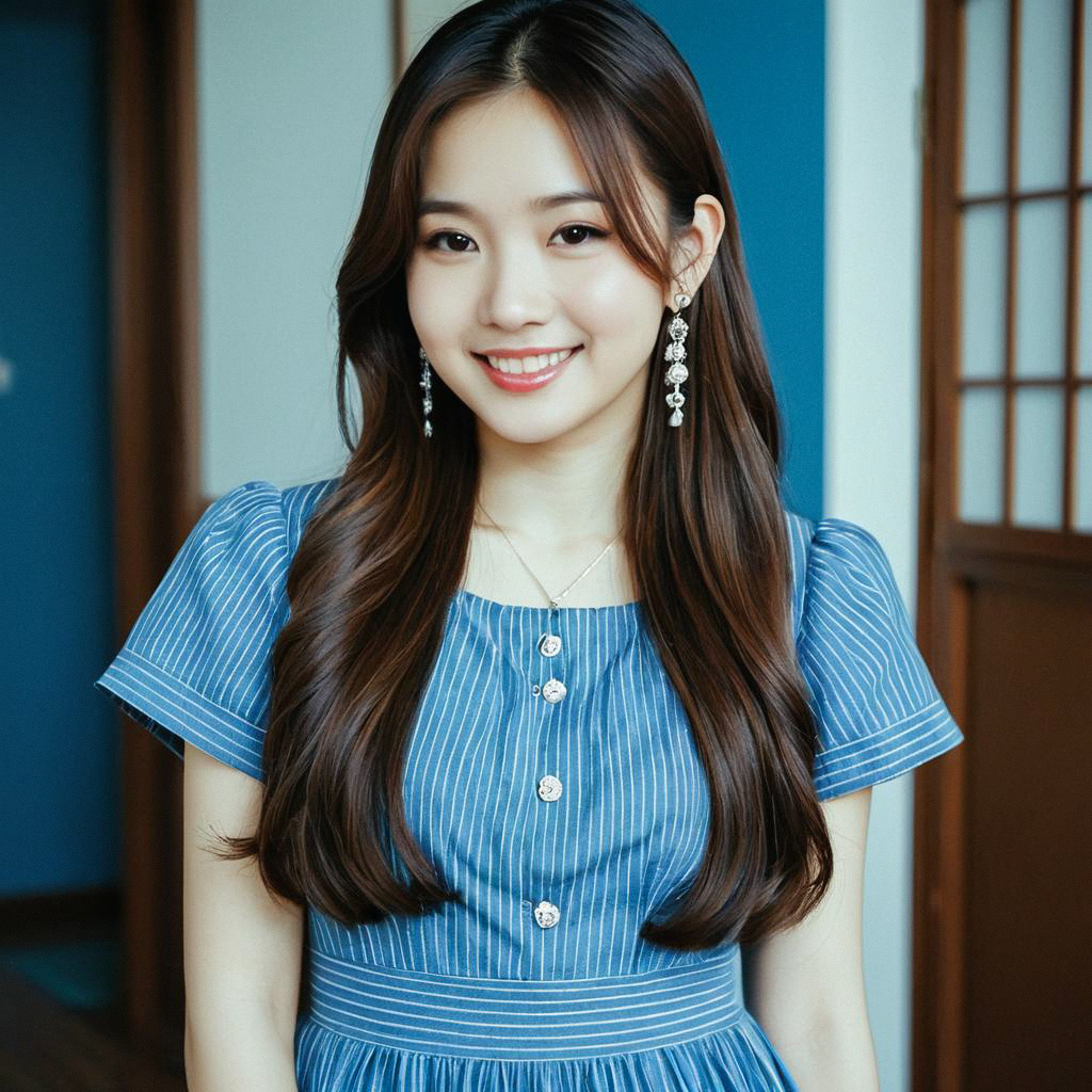 Young Woman in Blue Dress with Earrings Young Woman in Blue Dress with Earrings