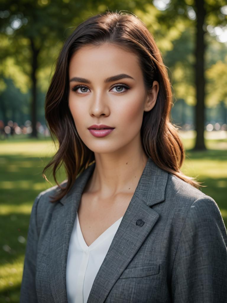 Confident Young Woman in Gray Blazer in Park