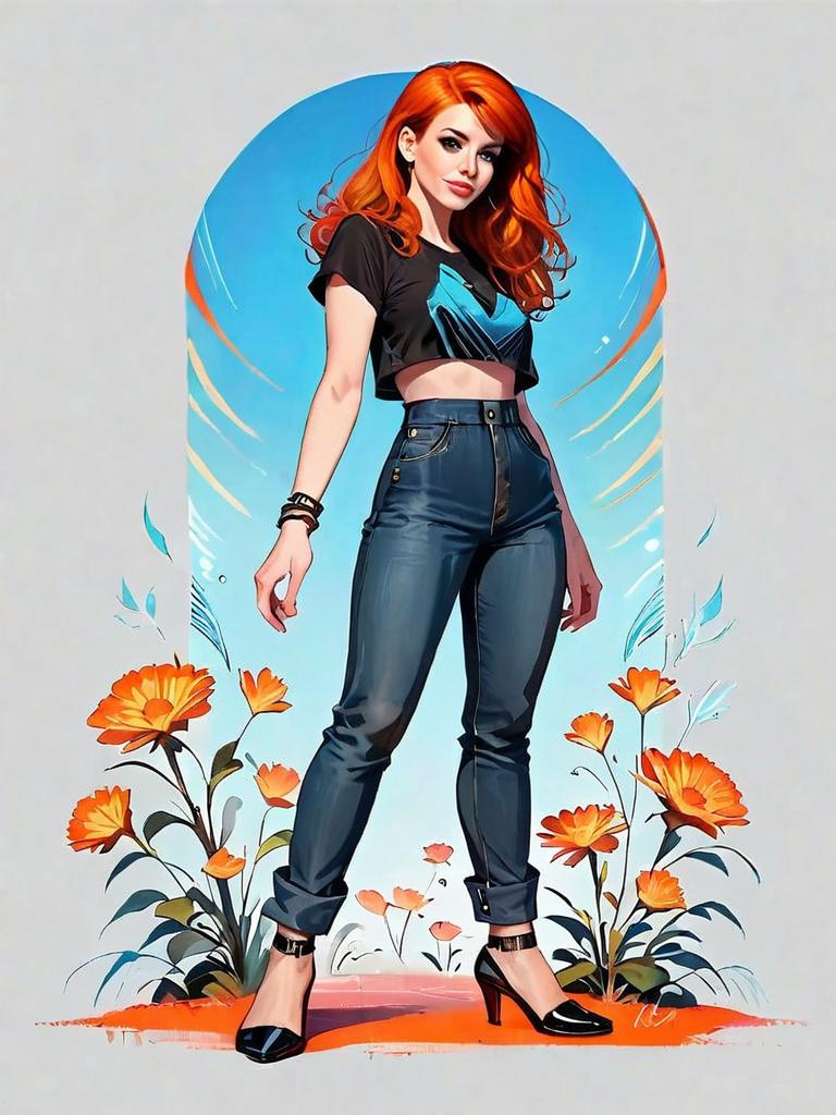 Realistic Comic Style Illustration of Woman in Casual Outfit with Red Hair and Flowers