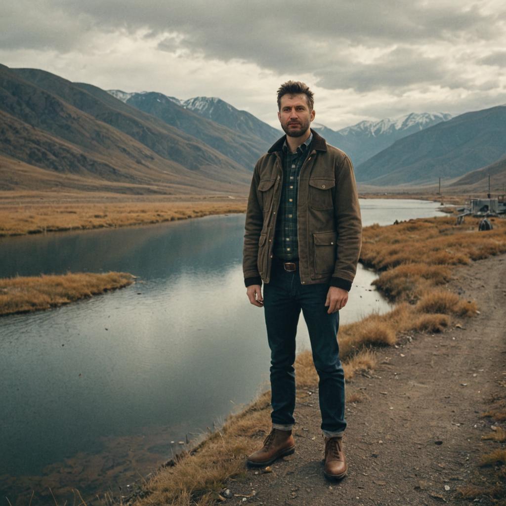 Man by Serene River in Mountain Landscape