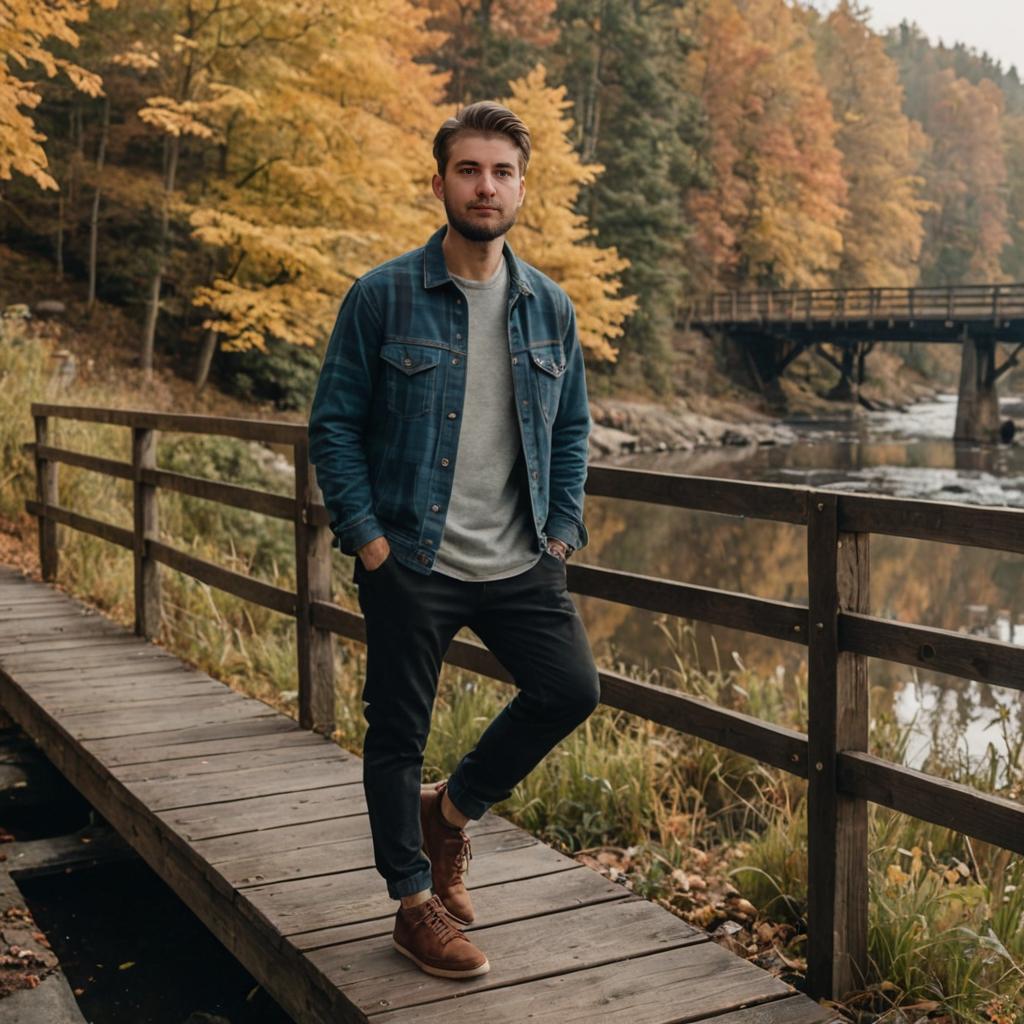 Stylish man on wooden bridge in autumn foliage