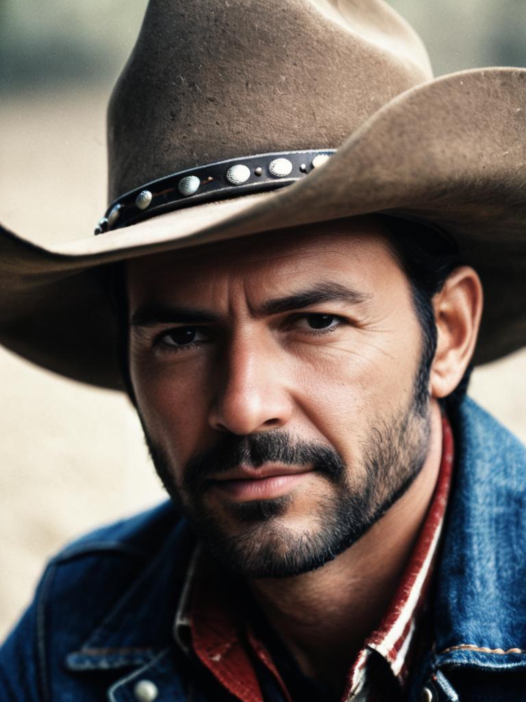Photorealistic Close-Up Headshot of Man in Cowboy Hat and Denim Jacket