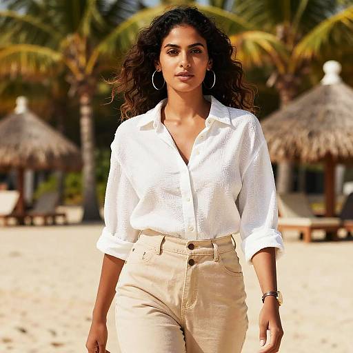Confident Young Woman in Casual Beachwear on Tropical Beach