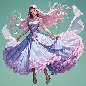 Elegant Woman in Lavender and Pink Gown with Pink Hair