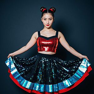 Confident Woman in Holographic Dance Costume