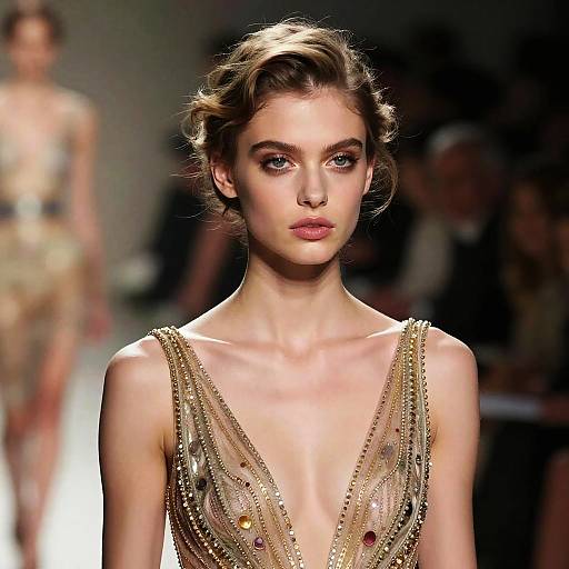 Gen Z Woman Wearing Beaded Dress on Runway Fashion Show