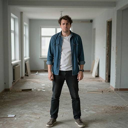 Frustrated Man Standing in Abandoned Room with Construction Debris