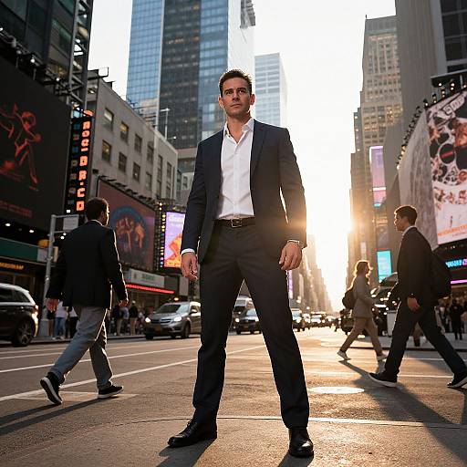 Confident Man in Suit Standing on Busy City Street at Sunset