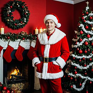 Young Man in Santa Outfit in Festive Room