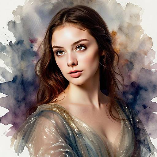 Portrait of Young Woman in Sheer Shimmery Gown with Watercolor Background