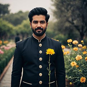 Confident Man in Black Outfit with Yellow Flowers