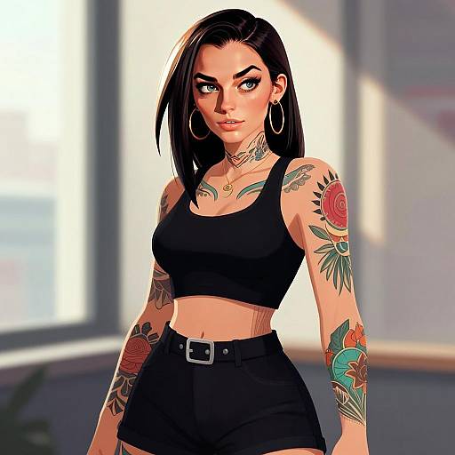 Stylish Tattooed Woman in Black Crop Top and Shorts in Modern Interior