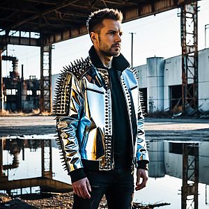 Man in Metallic Punk Jacket in Industrial Setting