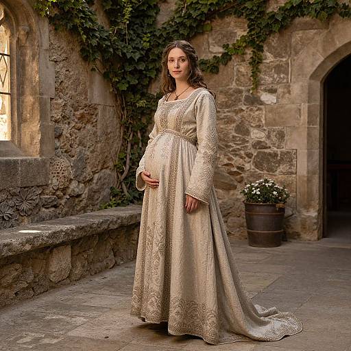 Pregnant Woman in Medieval Embroidered Gown in Historic Courtyard