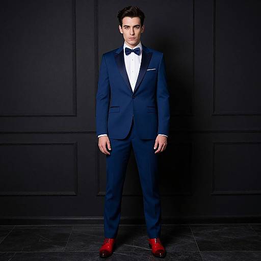 Man in Navy Blue Tuxedo with Red Shoes Formal Look