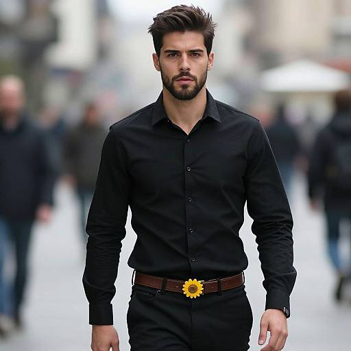 Young Man Wearing Black Shirt and Sunflower Belt Walking in Urban Street