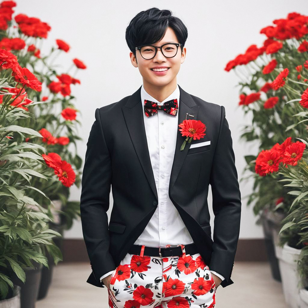 Stylish Young Man in Floral Pants Among Red Flowers Stylish Young Man in Floral Pants Among Red Flowers