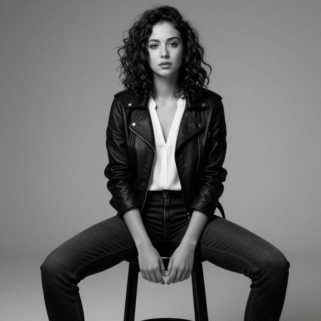 Portrait of Woman in Leather Jacket Sitting on Stool in Black and White