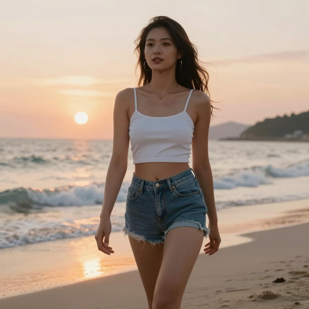 Gen Z Woman Walking on Beach at Sunset in Summer Outfit