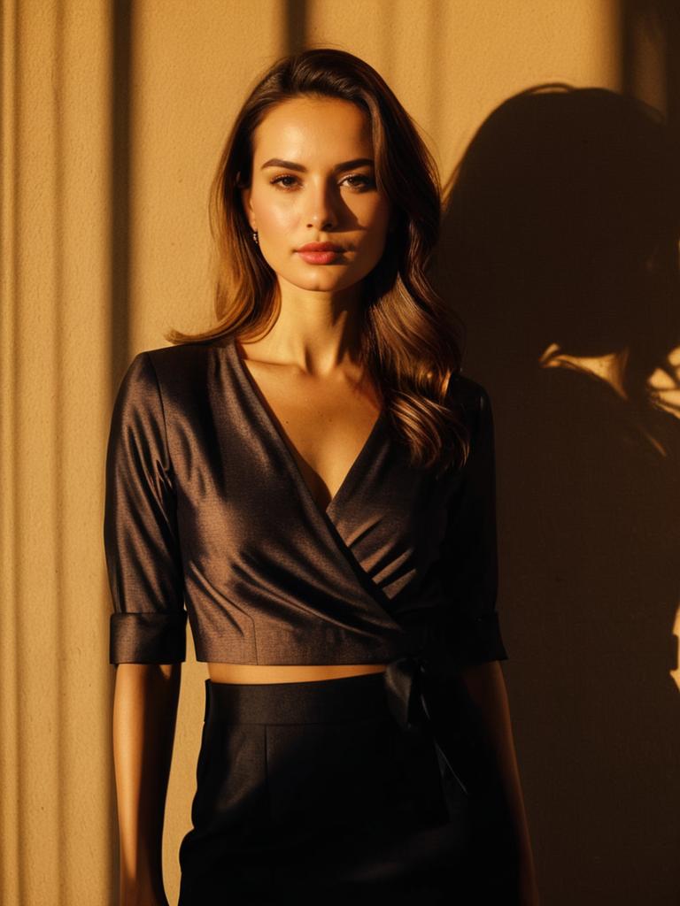 Elegant Woman in Stylish Wrap Top and Skirt with Warm Sunlight Shadows