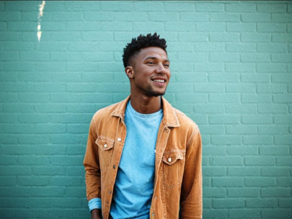 Man in Denim Jacket Against Teal Wall