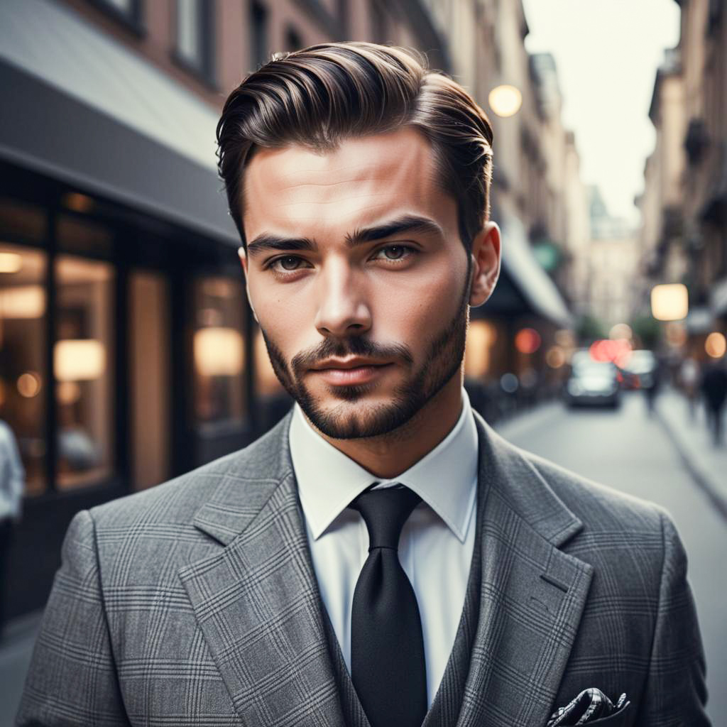 Confident Man in Stylish Grey Suit on Urban Street