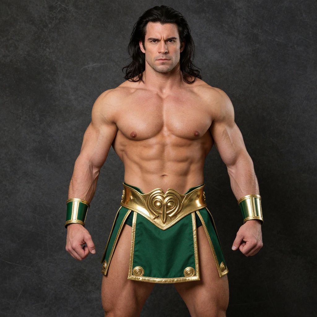 Muscular Man in Gladiator Costume with Green and Gold Armor