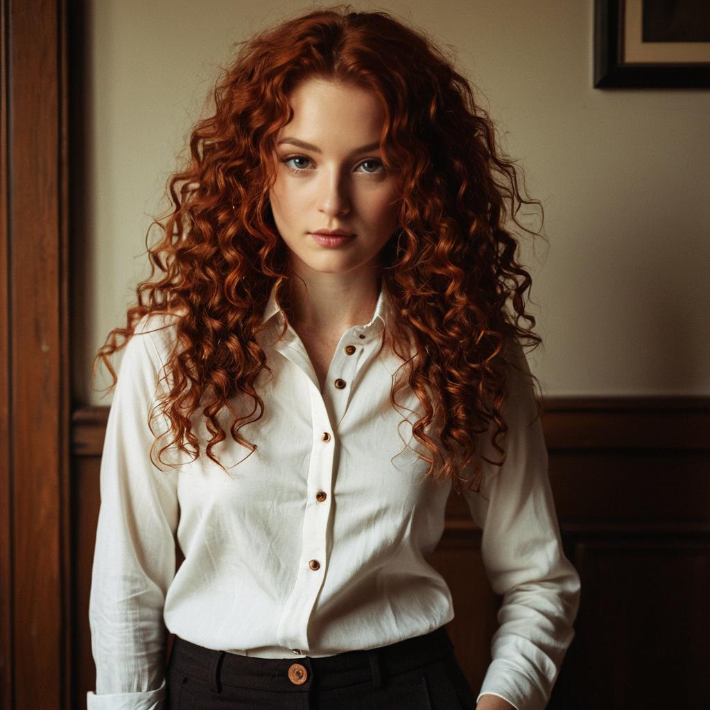 Portrait of Young Woman with Curly Red Hair in White Shirt Portrait of Young Woman with Curly Red Hair in White Shirt