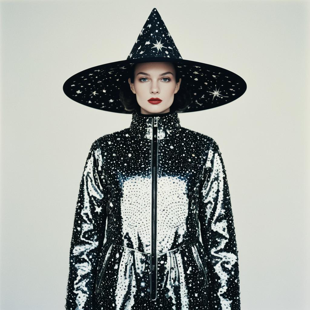 Woman Wearing Starry Wizard Hat and Cosmic Patterned Jacket