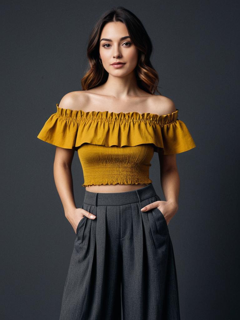 Stylish Woman in Mustard Yellow Off-Shoulder Crop Top and Gray Trousers