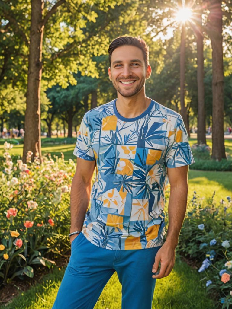 Cheerful Man in Vibrant Shirt in Lush Garden