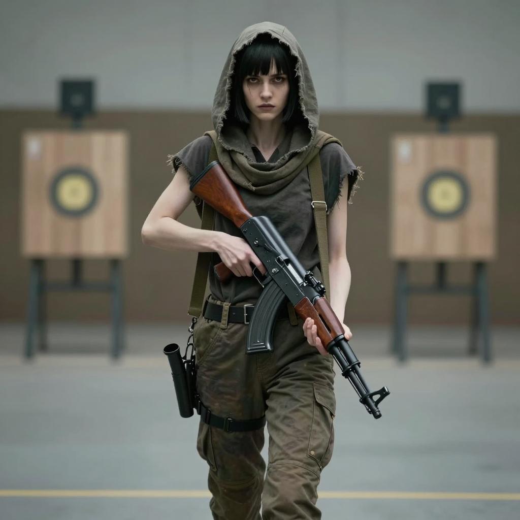 Determined Woman in Tactical Gear Holding Assault Rifle in Shooting Range