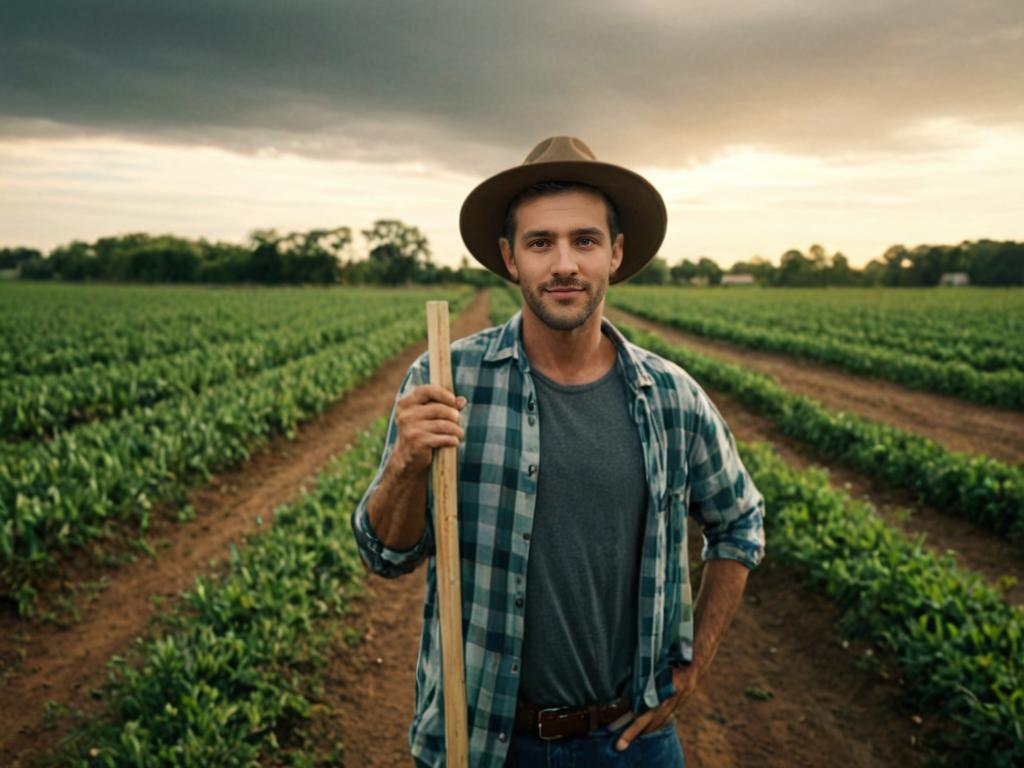 Confident Man in Field at Sunset with Farming Tool