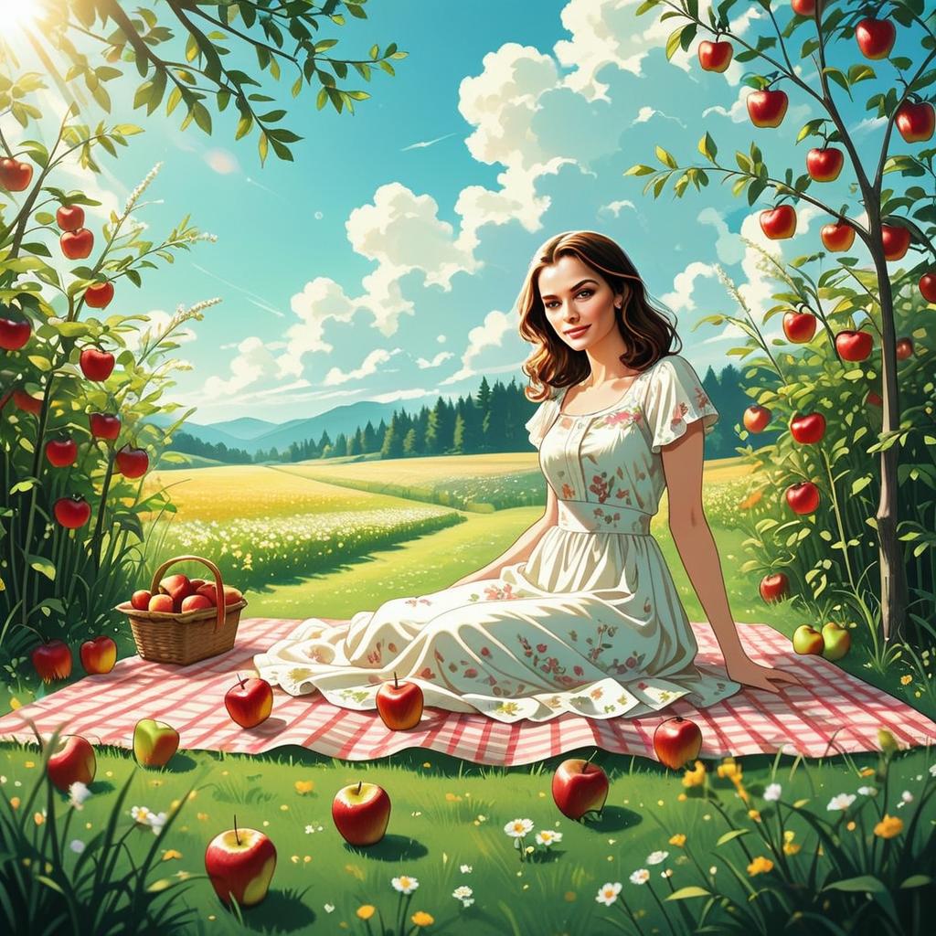 Young Woman Picnicking in Orchard