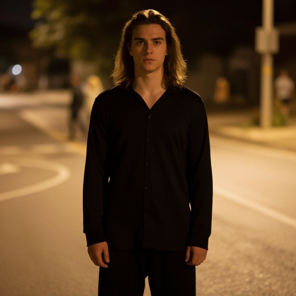 Young Man with Long Hair Standing on Night Street in Black Shirt