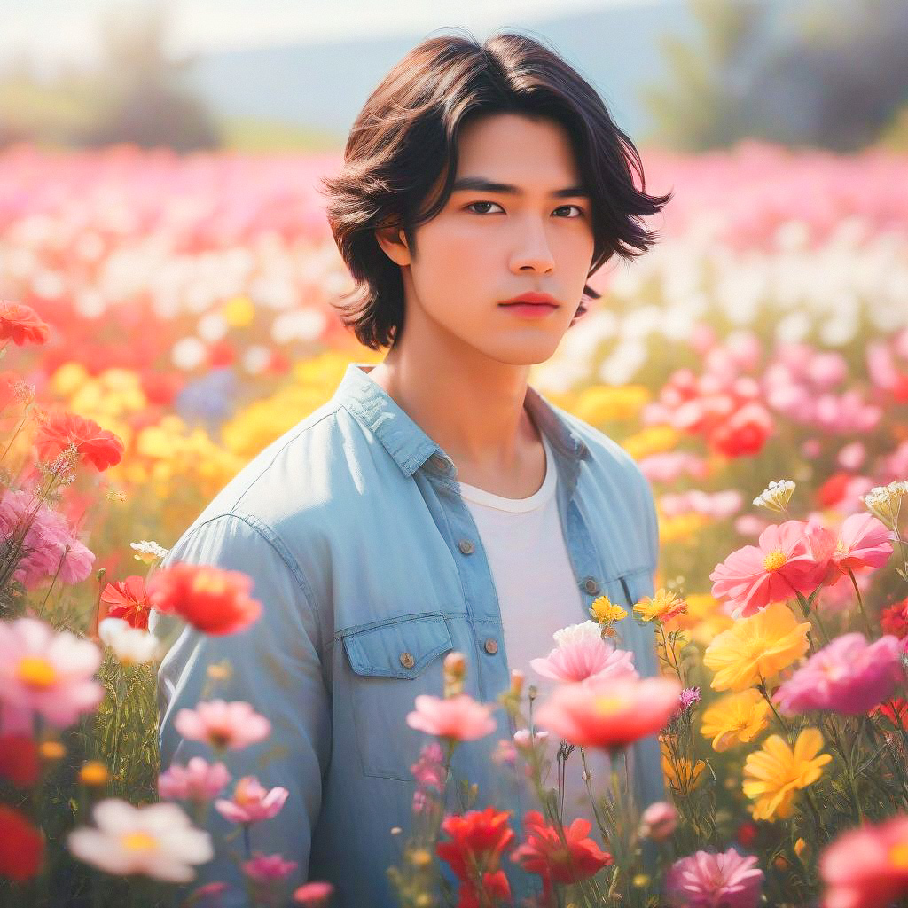 Young Man in Denim Jacket Amidst Colorful Wildflowers Young Man in Denim Jacket Amidst Colorful Wildflowers