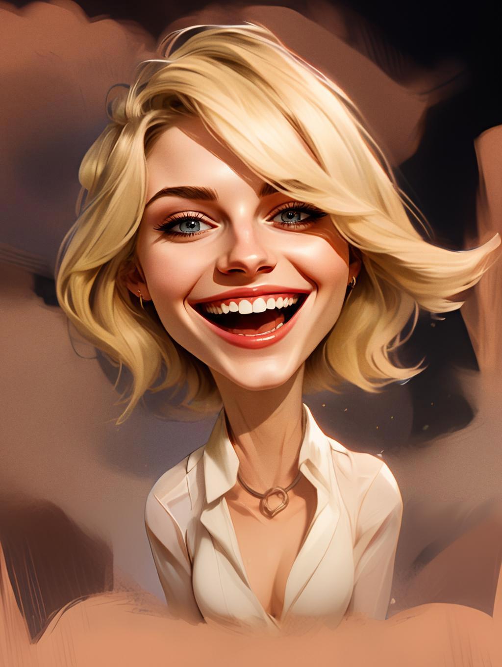 Caricature Portrait of Joyful Blonde Woman with Blue Eyes