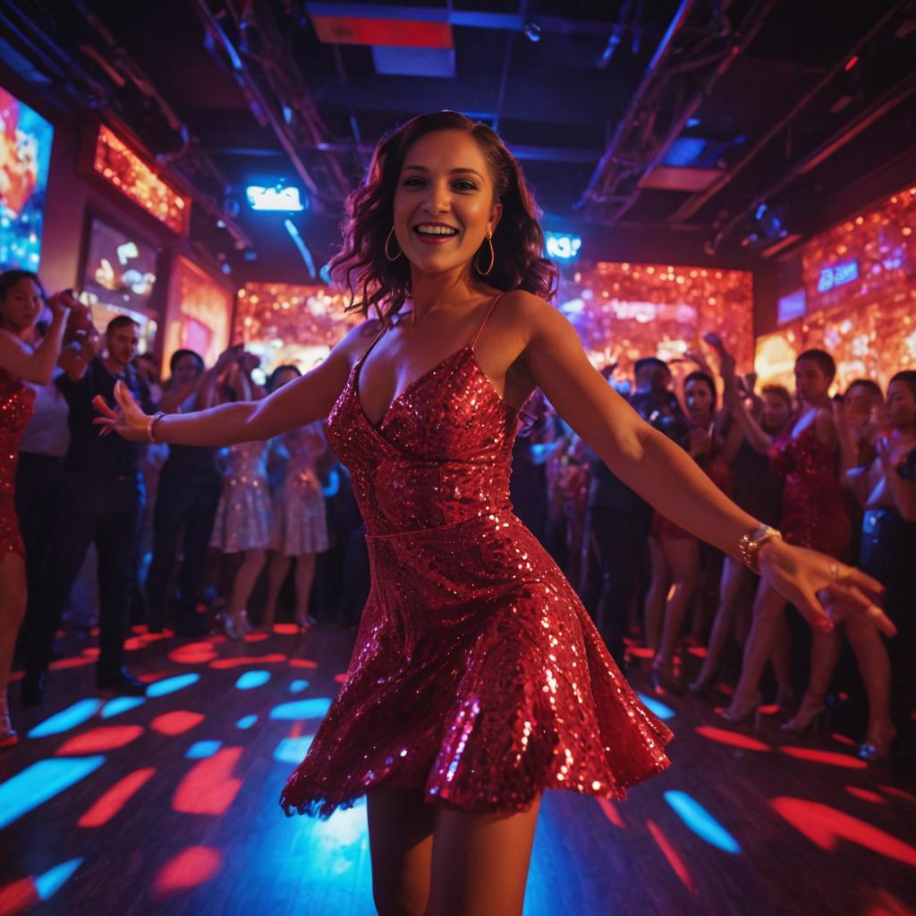 Joyful Woman in Sparkling Red Dress at Vibrant Party