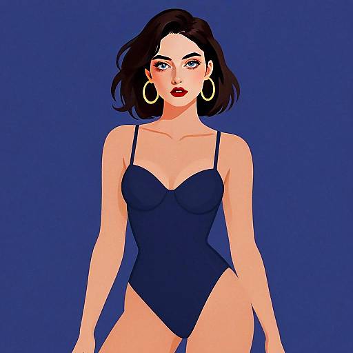 Stylized Digital Portrait of a Woman in Navy Blue Swimsuit