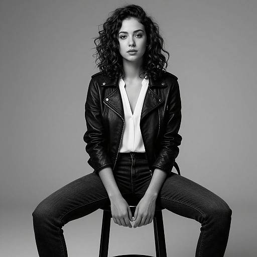 Portrait of Woman in Leather Jacket Sitting on Stool in Black and White