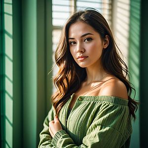 Young Woman in Green Sweater by Window