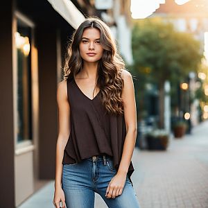 Young Woman in Casual Black Top and Jeans on Urban Street