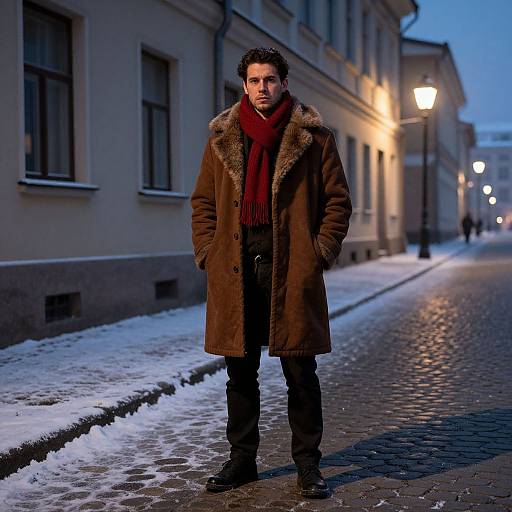 Man in Brown Fur Coat Standing on Snowy Cobblestone Street at Twilight