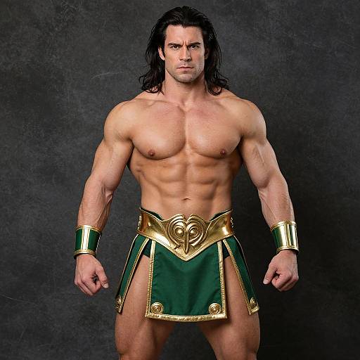 Muscular Man in Gladiator Costume with Green and Gold Armor