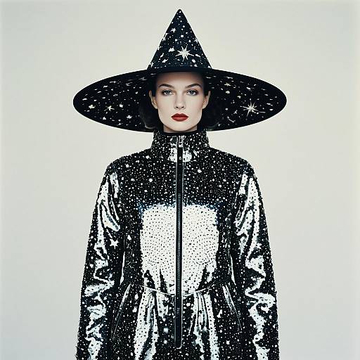 Woman Wearing Starry Wizard Hat and Cosmic Patterned Jacket