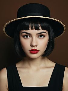 Elegant Young Woman with Black Hat and Red Lipstick Portrait