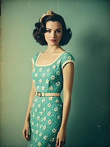 Retro-Inspired Lime Green Crochet Knit Midi Dress with White Floral Accents