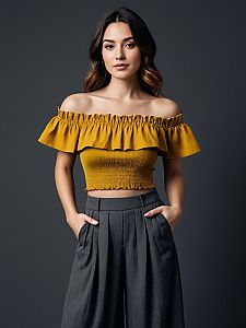 Stylish Woman in Mustard Yellow Off-Shoulder Crop Top and Gray Trousers