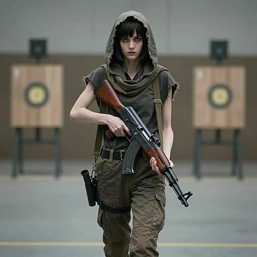 Determined Woman in Tactical Gear Holding Assault Rifle in Shooting Range